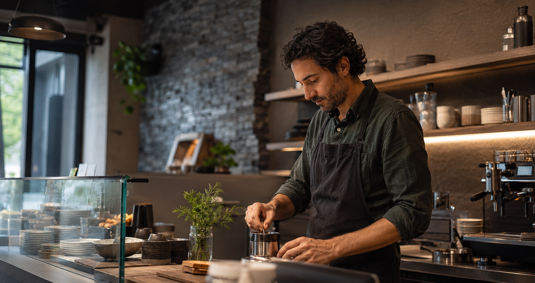 Independent café owner working behind the counter